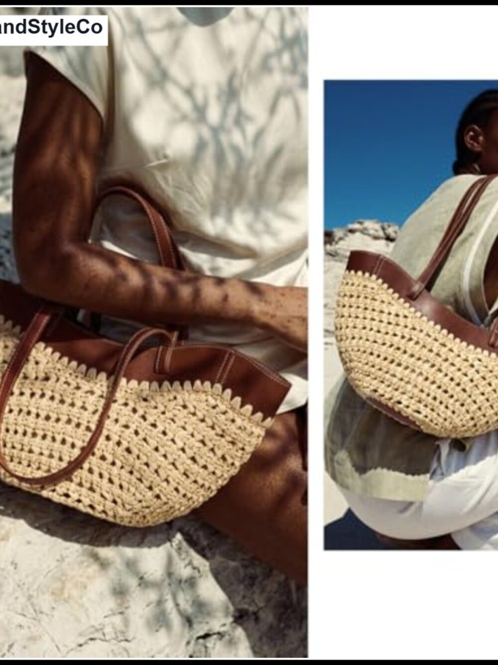 Straw Tote Bag Woven Beach Bag with Leather Trim Double Straps Handmade Mesh - Picture 5 of 6
